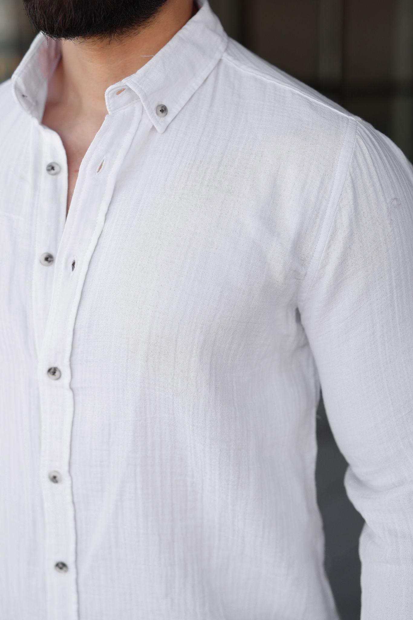 Müslin Keten Slim Fit Gömlek - Beyaz